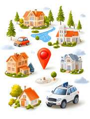 Suburban GPS map location houses cars illustration