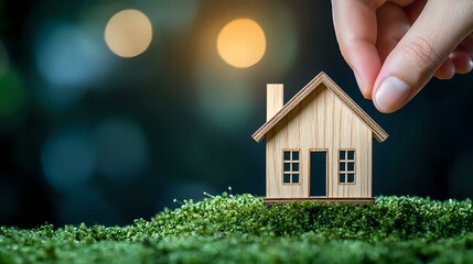 Miniature wooden house model placed on green moss with bokeh lights background, representing real estate, eco living and sustainable housing concept.