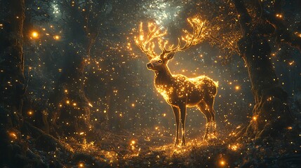 Mystical golden deer sparkling in twilight high resolution wallpaper