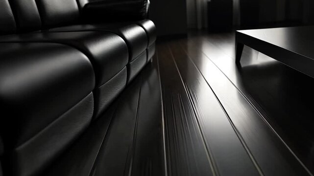 Dark room, leather sofa, wood floor, low light, home theater