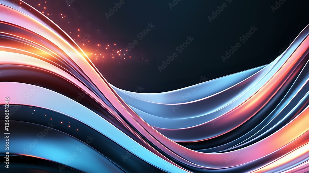 Poster flowing abstract waves in pink, orange and blue colors with glowing light effects and sparkles on da