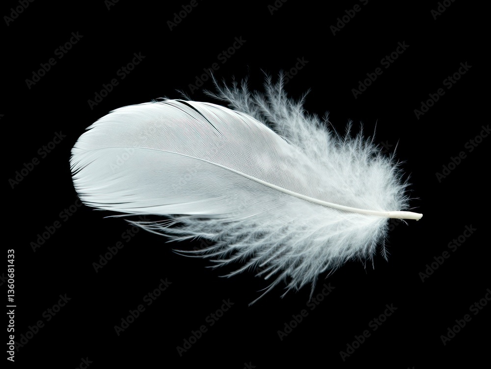 Poster white feather close-up isolated on black background for design element