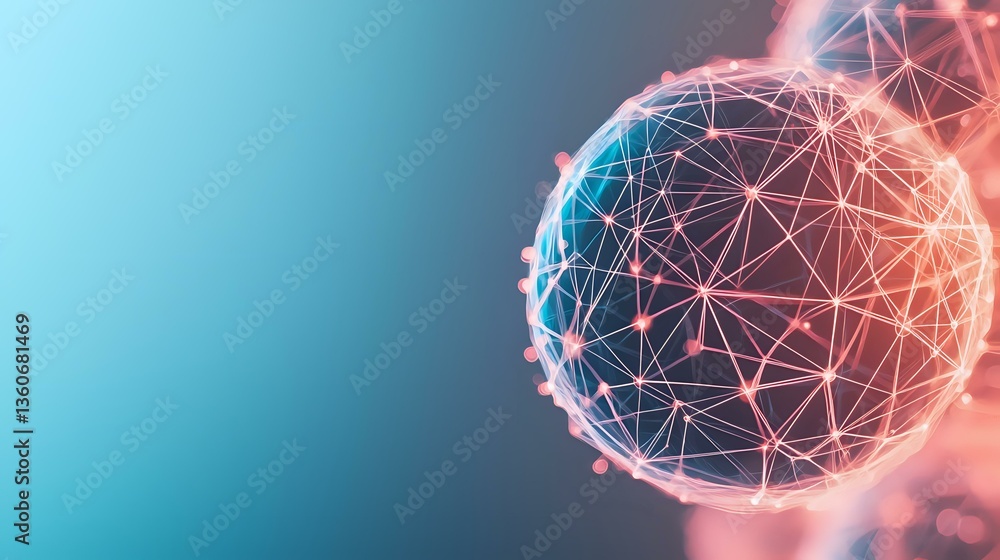 Poster glowing sphere with connected dots and lines network pattern in coral pink and turquoise blue colors