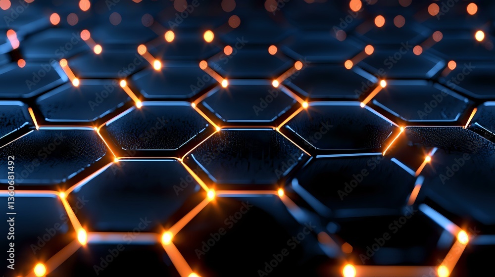 Poster glowing orange and blue hexagonal grid pattern with depth effect creates futuristic technological ba