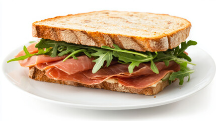 Gourmet prosciutto sandwich with arugula and artisan bread on a plate – close-up of fresh Italian cold cuts and greens, perfect for lunch menu design, restaurant advertising, recipe illustration
