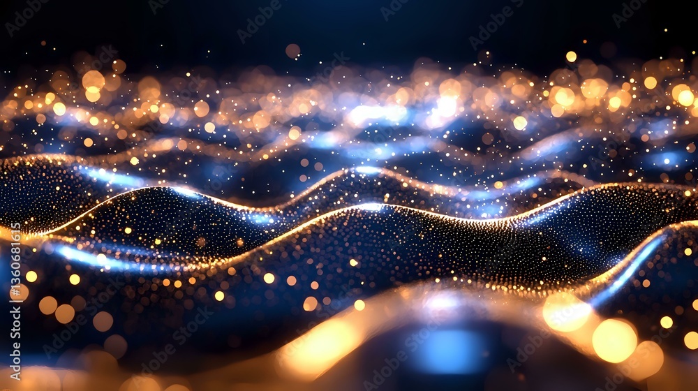 Aufkleber glowing abstract waves with golden and blue light particles flowing in dark space, sparkling bokeh e