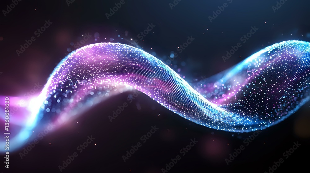 Poster glowing wave of sparkling particles flowing in space, purple and blue neon light stream with bokeh e