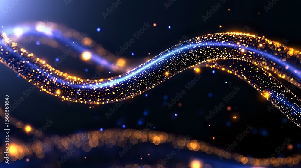 Poster magical glowing wave with sparkling golden and blue light particles flowing on dark background, crea
