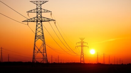 Sunset over power lines with silhouetted pylons against a vibrant orange sky in the countryside