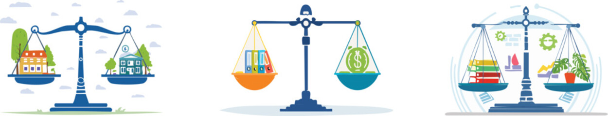 Person balancing work and life on scale, work-life balance vector illustration set