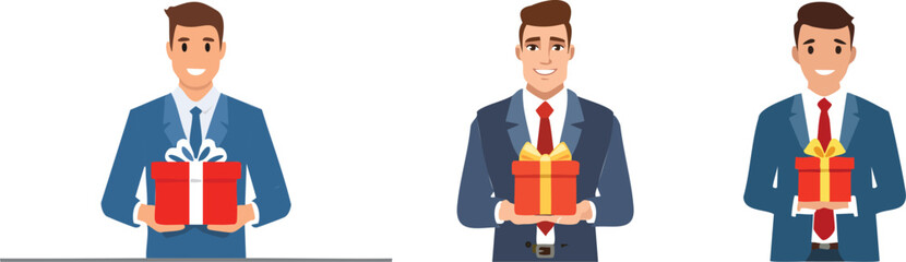New employee with welcome kit, onboarding vector illustration set. Employee receiving gift or bonus from company, reward