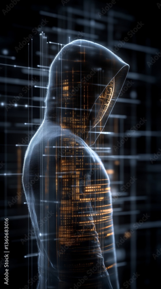 Poster silhouette of a person in a hoodie surrounded by glowing digital patterns and lines in a high-tech e