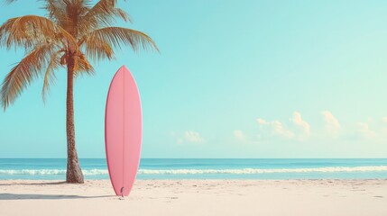Pink surfboard on sandy beach near palm tree. Summer scene. Tropical island vacation concept. Empty space for product display. Minimalist design. Relaxing summer vibes. Perfect for travel summer