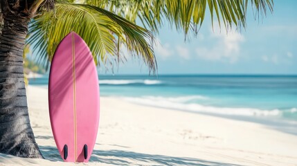Pink surfboard on sandy beach near palm tree. Summer scene. Tropical island vacation concept. Empty space for product display. Minimalist design. Relaxing summer vibes. Perfect for travel summer