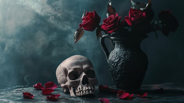 Calavera y rosas rojas en decoracion
