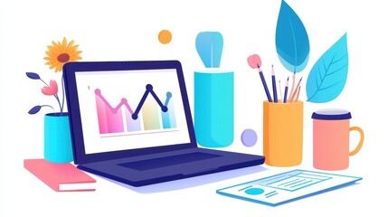 Laptop displaying financial growth chart on desk with stationery and beverage