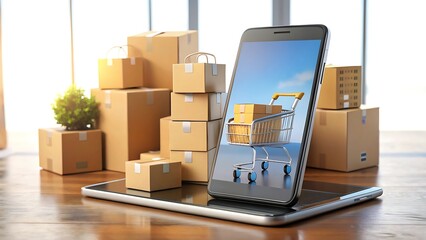 Obraz premium Mobile phone with stacked shipping boxes in a warehouse