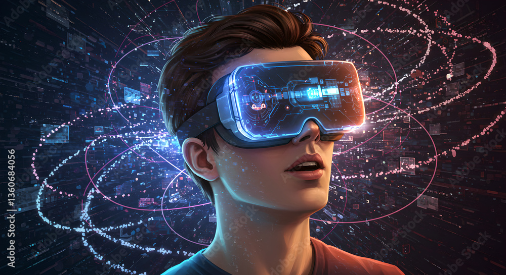 Poster man experiencing virtual reality with hi-tech vr headset for digital world simulation. abstract tech