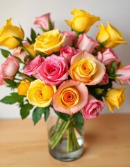 Obraz premium A vibrant bouquet of pink and yellow roses arranged in a clear glass vase, romantic, stock photo, roses