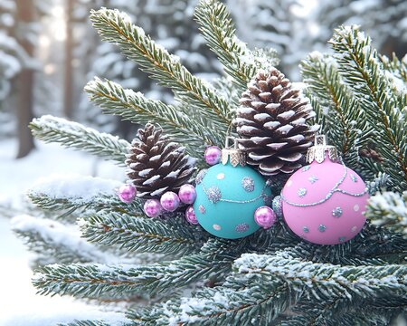 Colorful christmas ornaments and pine cones adorn a snowy evergreen branch - Powered by Adobe