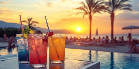 three colorful cocktails with straws and garnishes placed on an outdoor table beside the pool at sunset The background features people relaxing by swimming pools surrounded by palm trees Generative AI