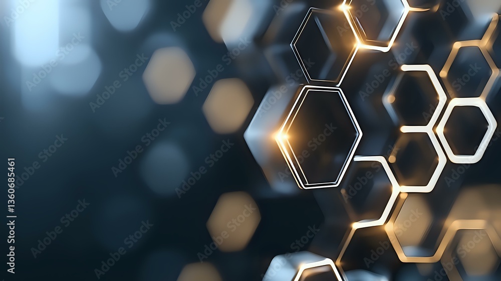 Poster glowing hexagonal shapes form abstract technological pattern with golden light effects against dark 