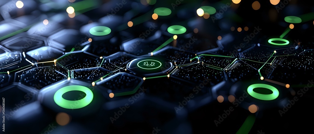 Poster futuristic network visualization with glowing green circles connected by digital pathways against da