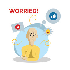 Worried male character with social media reactions Vector