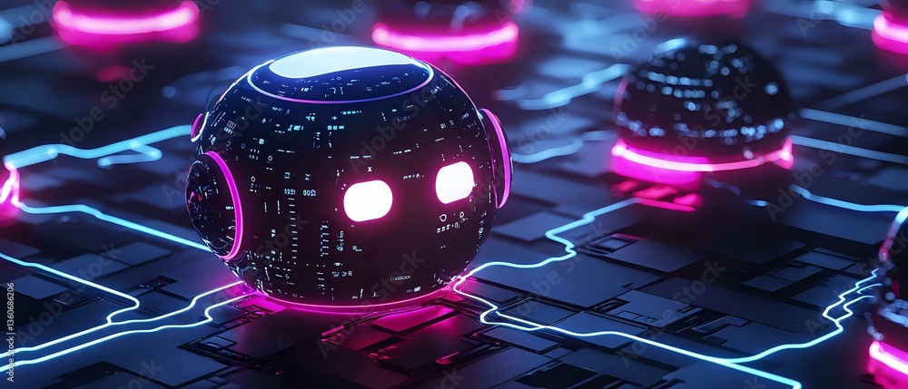 Poster glowing spherical robot with pink neon lights rests on circuit board surface in dark futuristic envi