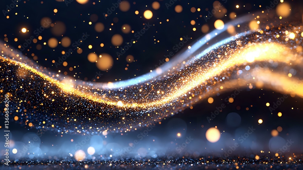 Poster magical glowing wave with golden sparkles and light particles flowing on dark background, creating e