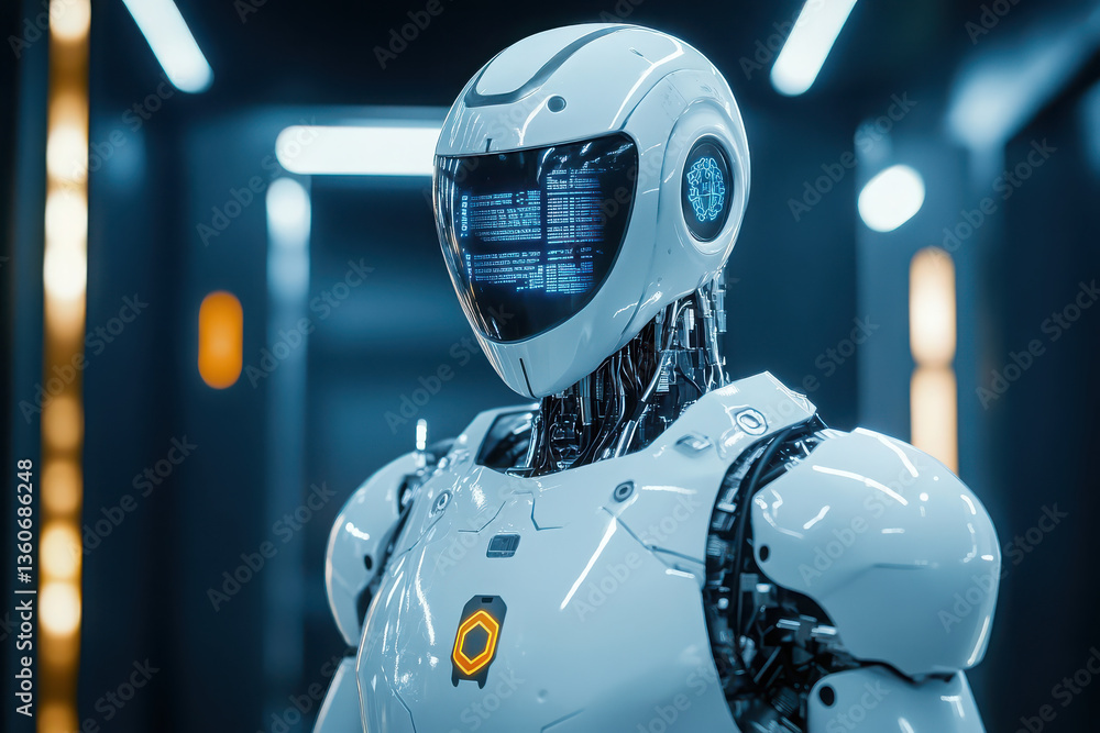 Poster advanced humanoid robot standing in a futuristic corridor with a sleek modern design and technology