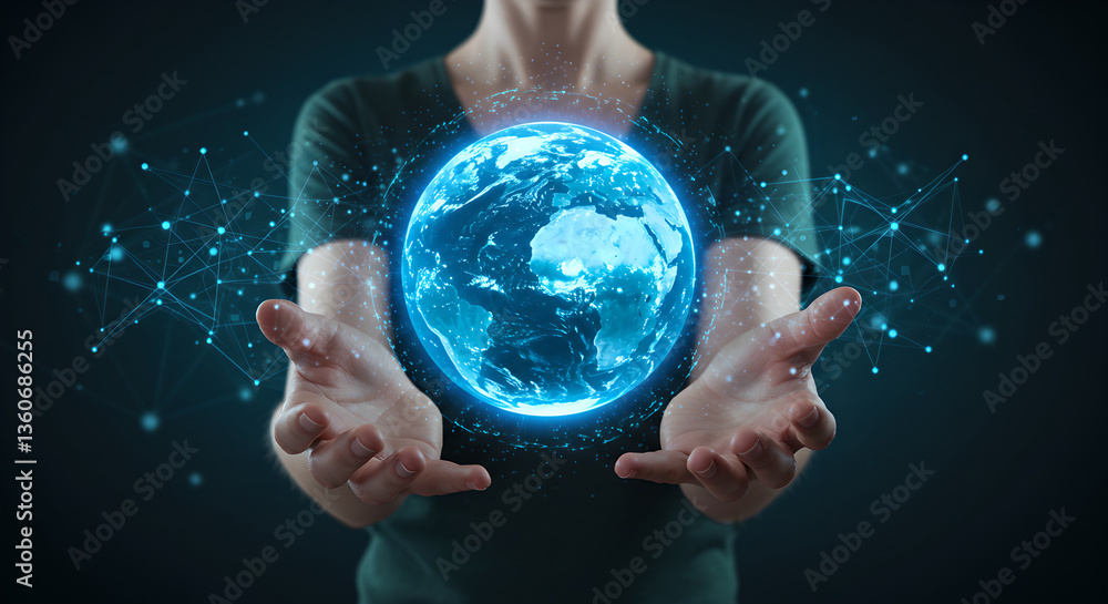Poster woman holds digital globe with connected dots and lines projection. global network of internet and c