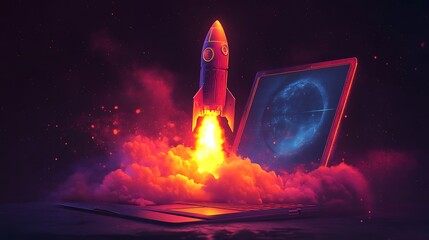 Naklejka premium Rocket Launching from Laptop Screen in Digital World, A rocket launching from a laptop screen, symbolizing technology and innovation