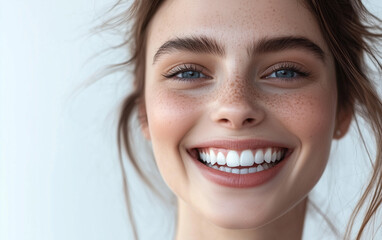 Close-up Portrait of a Smiling Woman with Freckles and Perfect White Teeth