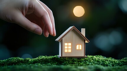 Miniature wooden house with glowing windows on moss under full moon, creating magical atmosphere for real estate and home insurance concepts.