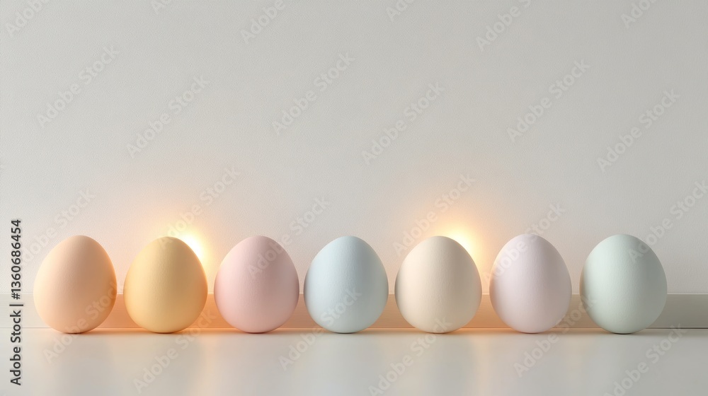 Poster colorful pastel eggs arranged in a row with soft lighting in a minimalist setting during springtime