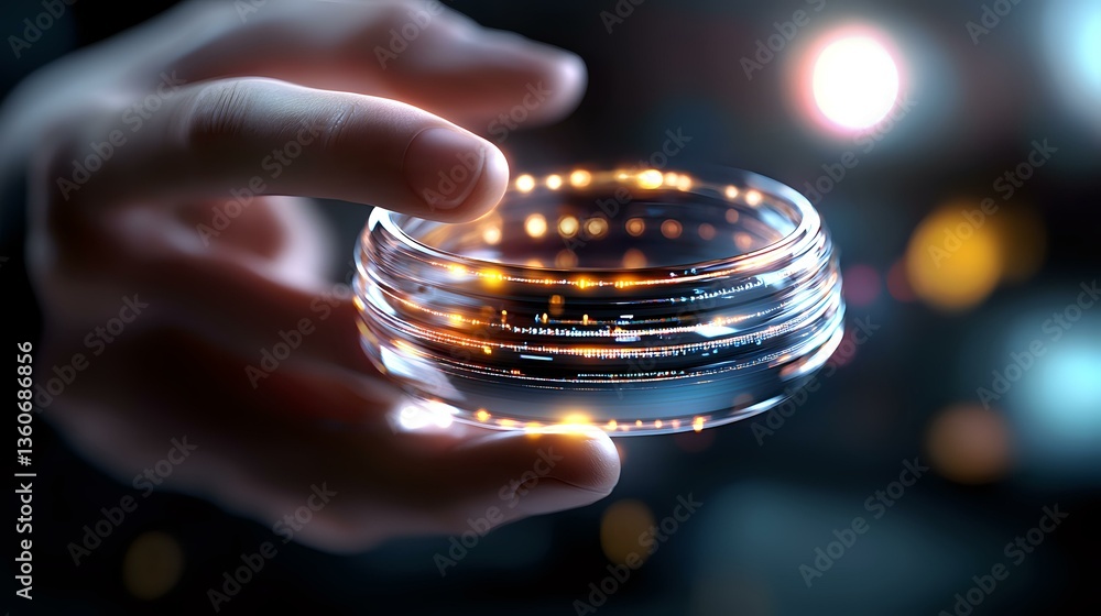 Poster glowing magical light rings floating above hand with blurred bokeh background creating mystical atmo