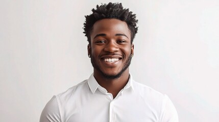 Fototapeta premium Confident Black Man Smiling in White Shirt Against Neutral Background