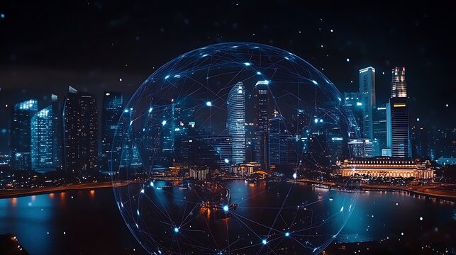 Futuristic cityscape at night with a glowing network sphere.