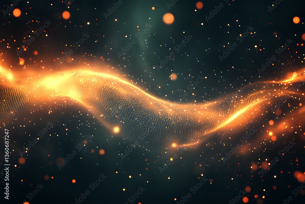 Poster glowing golden wave with particles and light effects on dark background creates magical atmosphere f