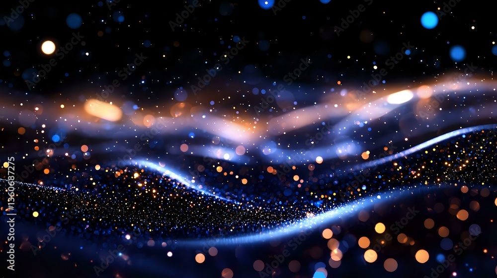 Poster magical cosmic waves with glowing particles and bokeh lights creating abstract space background in d