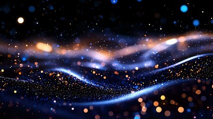 Magical cosmic waves with glowing particles and bokeh lights creating abstract space background in dark blue and golden colors. Dreamy celestial pattern.