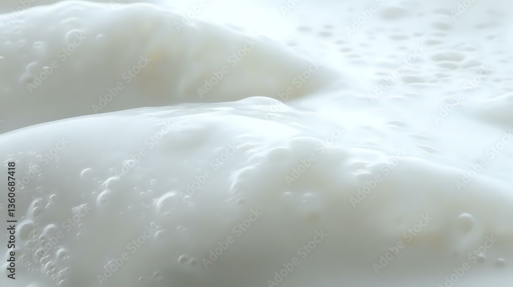 Aufkleber creamy white foam texture with tiny bubbles creating soft waves and peaks, macro photography showing