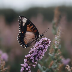Fototapeta premium Butterfly feeding on lavender, blurred garden background, nature photography