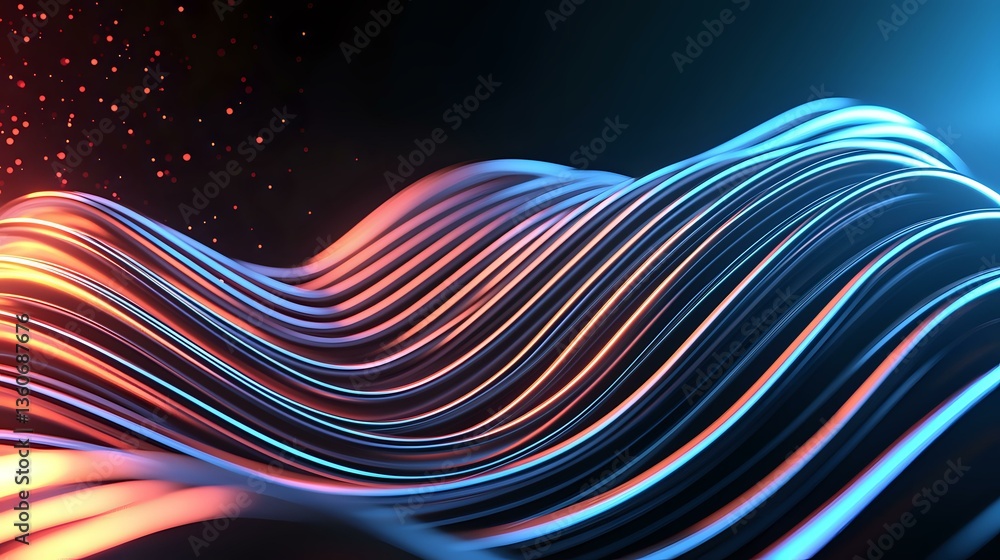 Poster glowing wavy lines in neon blue and orange colors flow smoothly against dark background creating dyn