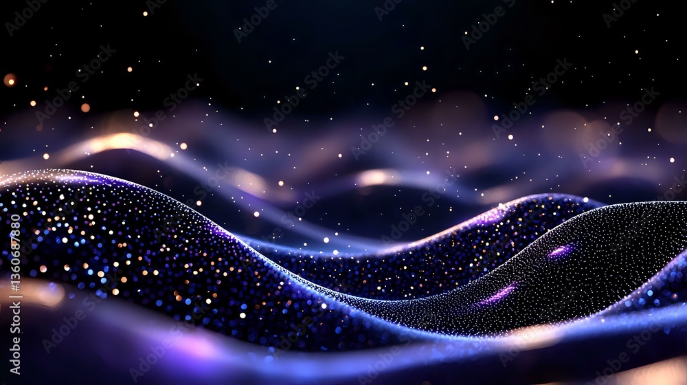 Poster glowing abstract waves with sparkling particles flow through dark space creating mesmerizing cosmic 