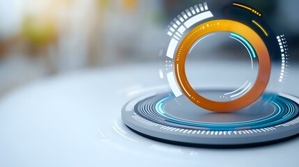 Futuristic circular hologram interface with orange and blue glowing elements on light background, technology concept for digital presentations.