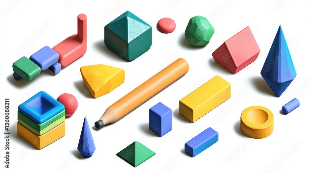 Poster a colorful collection of geometric shapes and a pencil displayed randomly