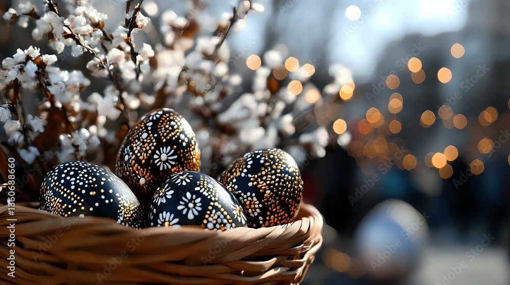 Poster decorated easter eggs with intricate floral patterns in wicker basket against blooming spring branch