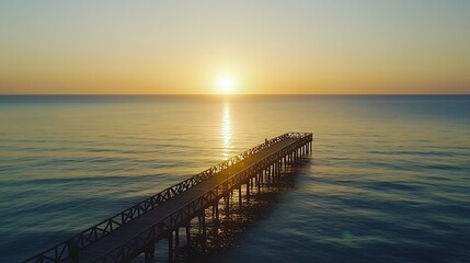 Fototapeta premium Sunrise over ocean pier with people walking.